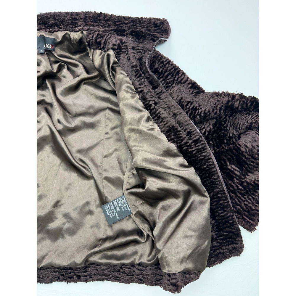 Utex Vintage Brown Faux Fur Zip Up Jacket Rippled Texture High Neck Coat Large - Picture 7 of 10